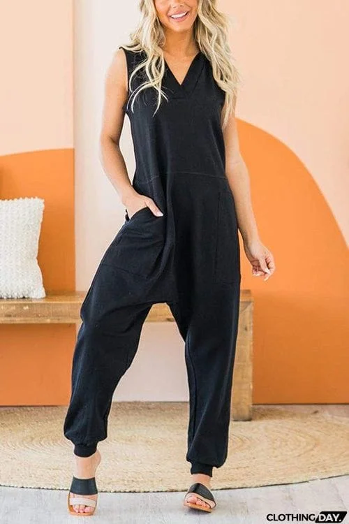 V Neck Solid Sleeveless Pocket Jumpsuit