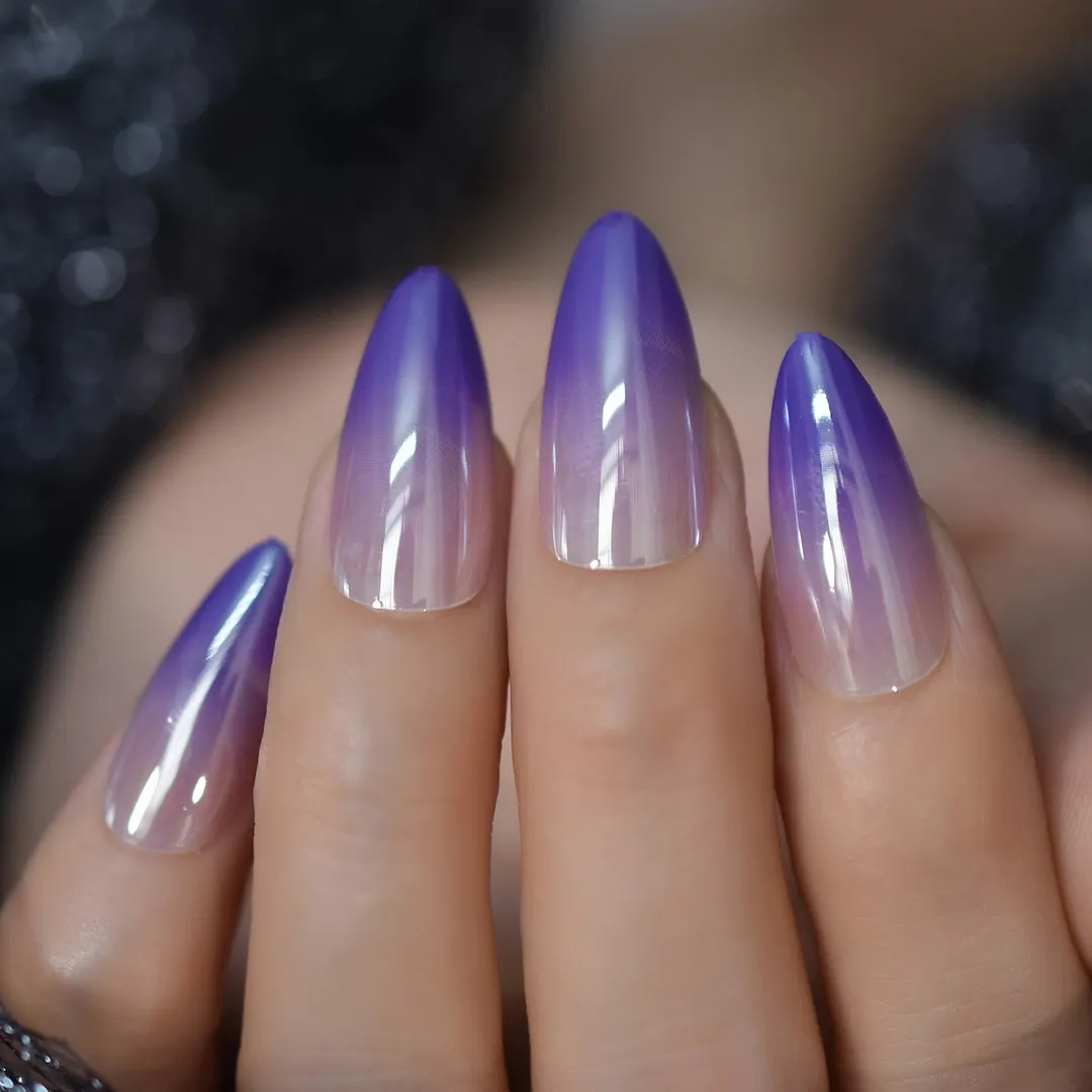 Glossy Purple Nude Ombre Fake Nails Medium Length Almond Chrome Press On Nails Gorgeous Gradient Shade Full Cover False Nail Tip-Nail Inspo