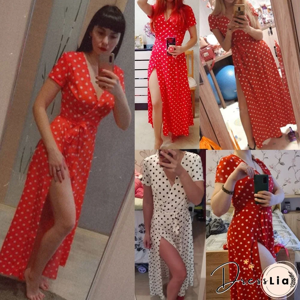 Summer Women Boho Dress Sexy V Neck Short Sleeve Beach Sundress Casual Dot Print Long Dress Vintage Party Dresses