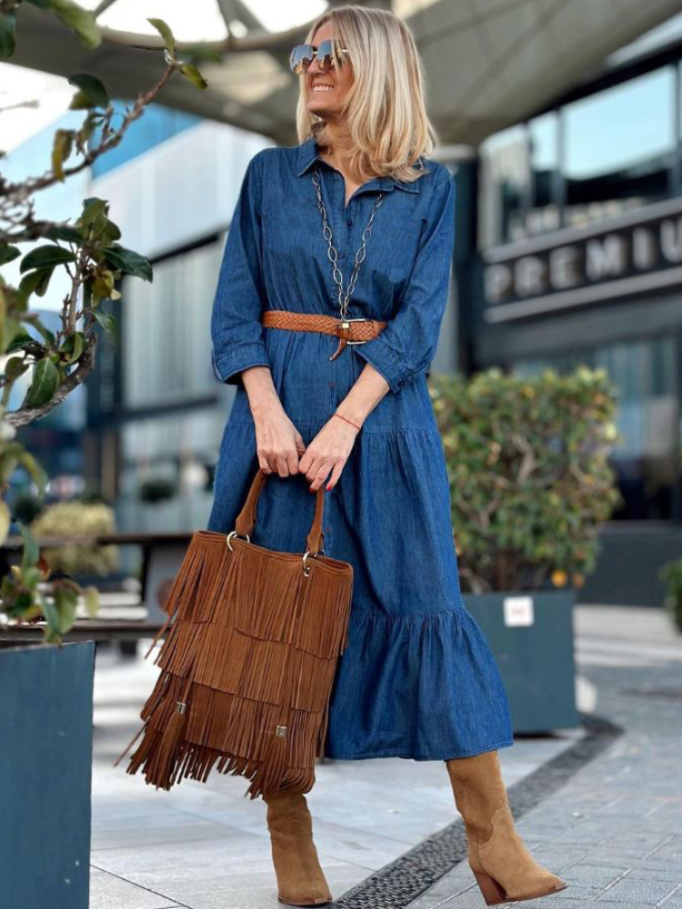 Autumn New Patchwork Pleated Denim Dress