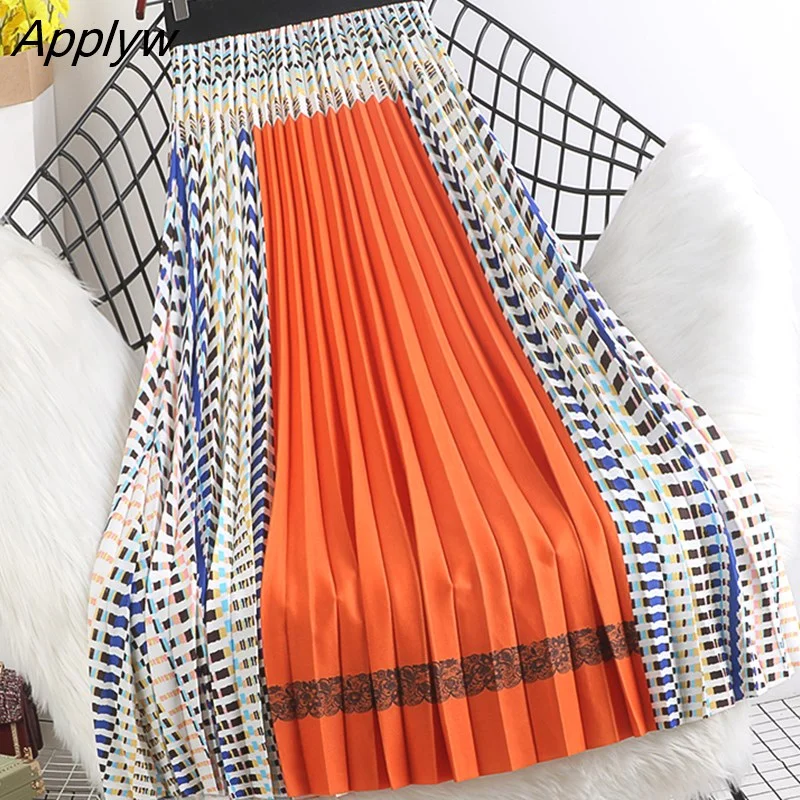 Applyw Women Pleated Skirt Ladies New Multicolor High Waist Contrast Color Autumn Casual Skirt Mid-calf Swing Long Skirt
