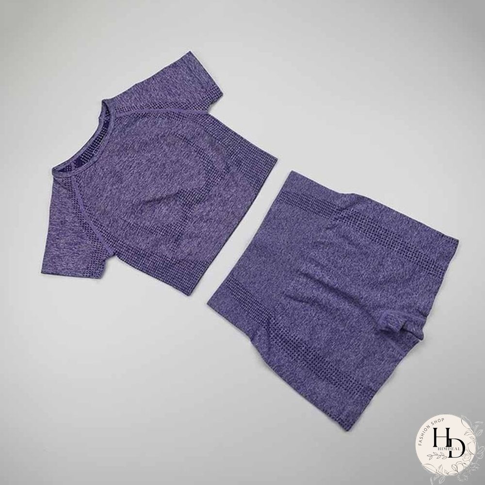 Womens Sport Set Pieces Short Sleeve Crop Top Fitness Shorts Seamless Sportswear