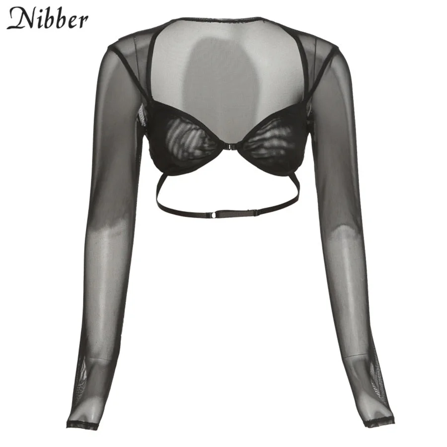 Nibber Y2K Sexy Zebra Print Gothic Top T-Shirts Women Mesh See Through Long Sleeve Bandage Crop Tops 2021 Summer Tees Streetwear