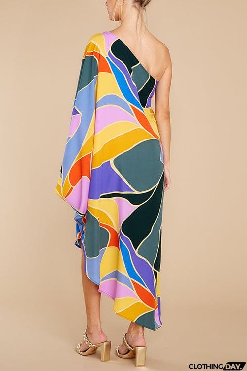 Multi Print Asymmetrical One Shoulder Dress