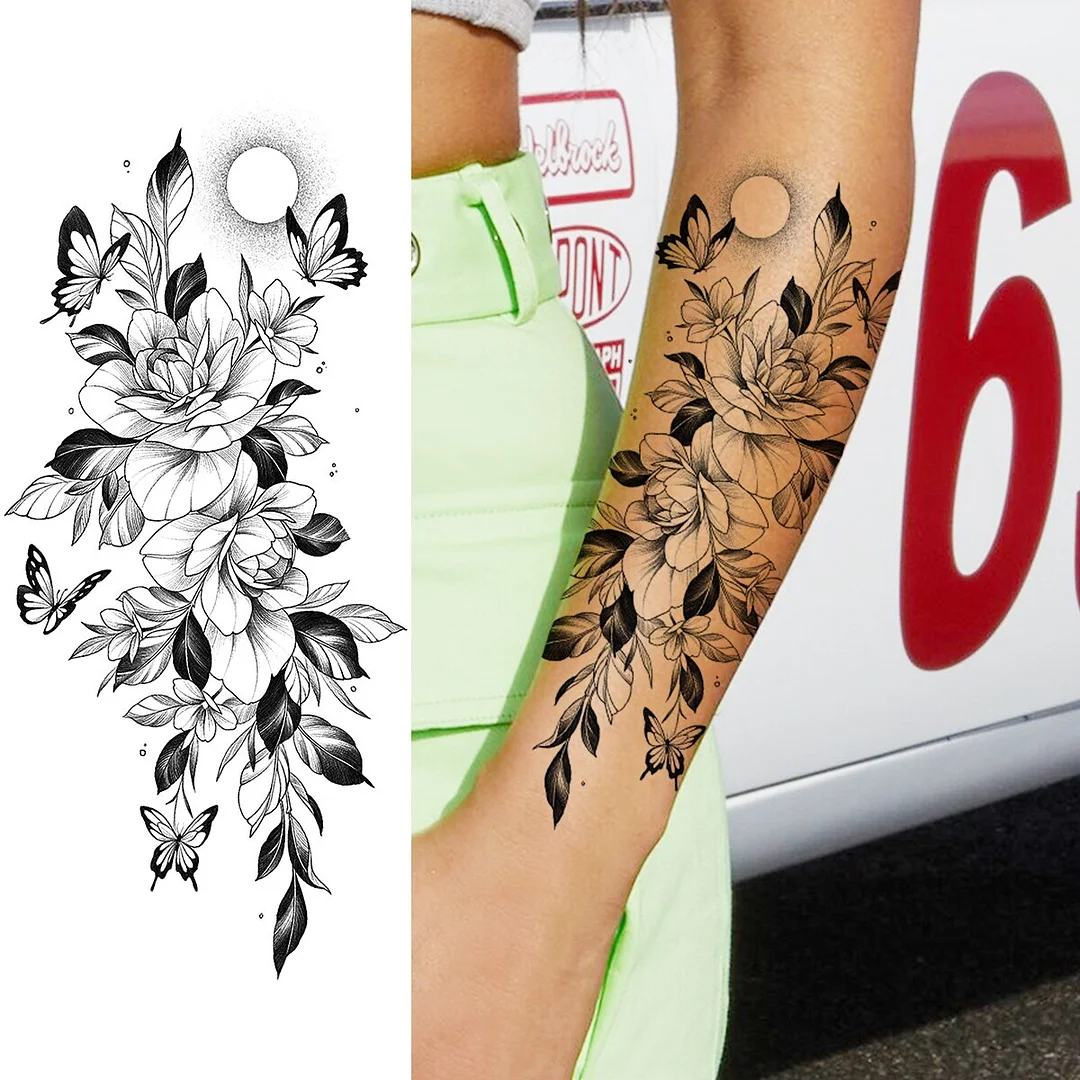Sdrawing Peony Flower Moon Temporary Tattoos For Women Adult Rose Daisy Crown Fake Tattoo Fashion Washable Half Sleeve Tatoos