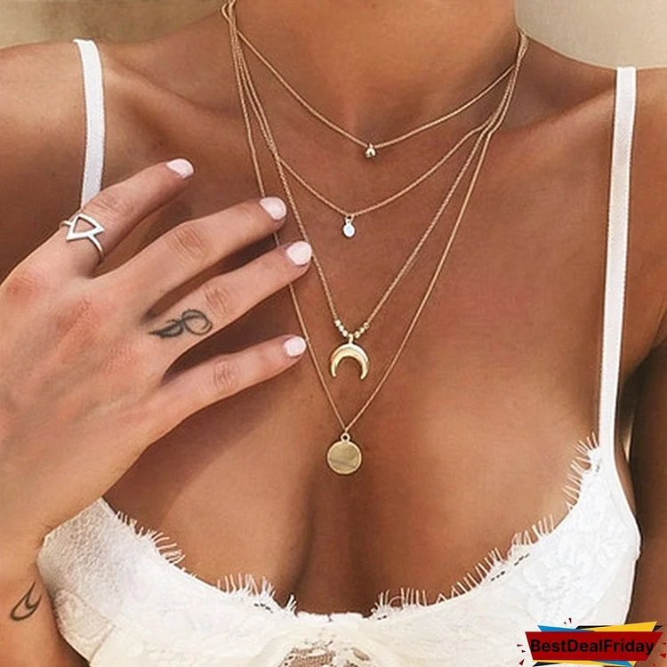 New Fashion Long Link Chain Multi-layer Necklace Party Jewelry Choker Beaded Crescent Moon Bell Round Pendant Gold Necklaces Woman