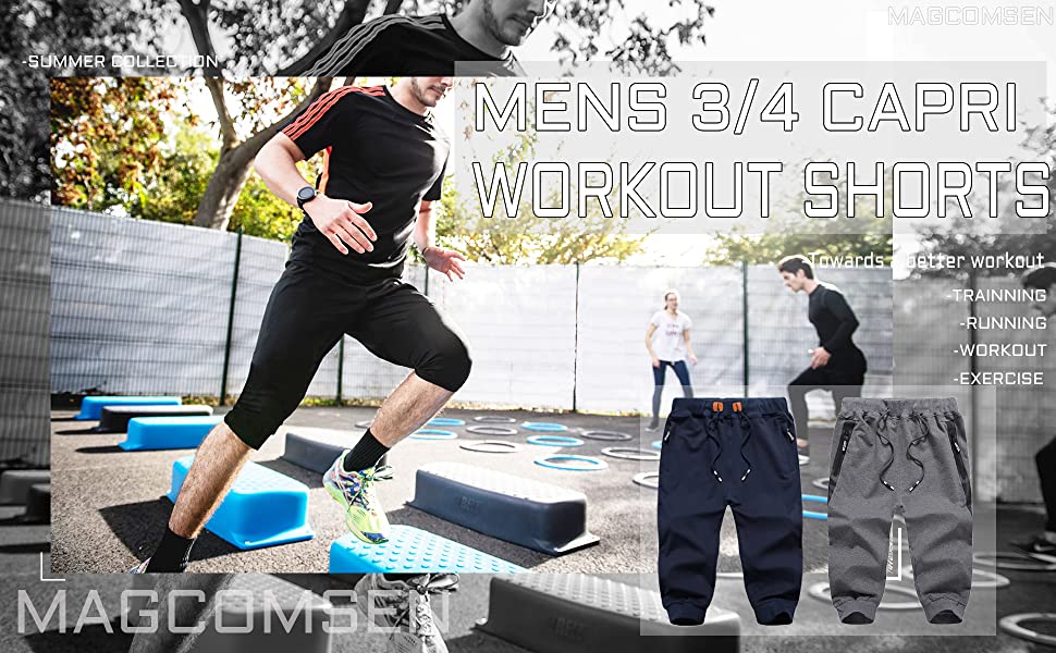 Men Capris Joggers with Zipper Pocket Drawstring Slim Fit Tapered Training Shorts