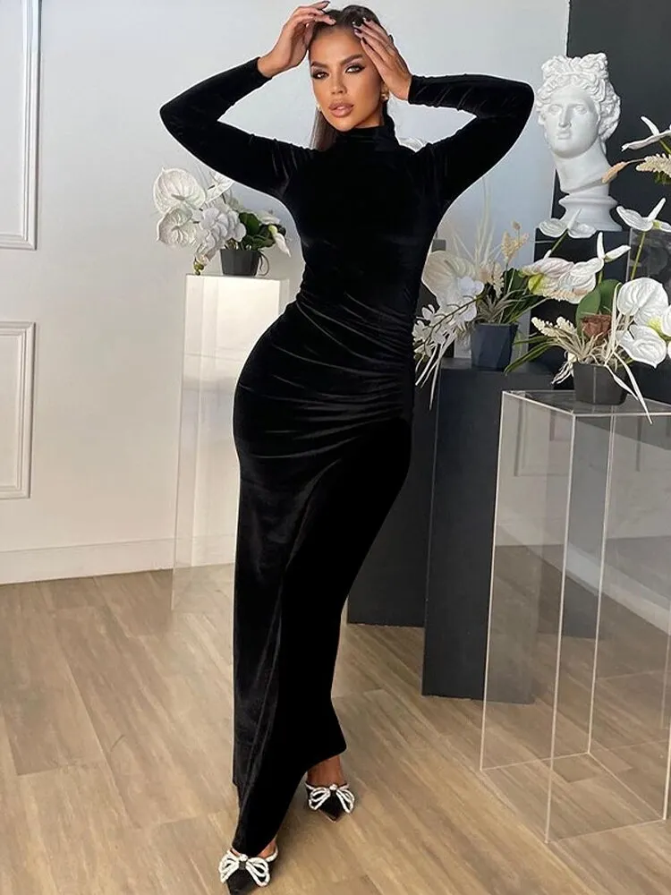 Uveng Sleeve Elegant Black Velvet Bodycon Maxi Dress Women Ruched Party Evening Long Dresses 2023 Autumn Winter Female Clothes