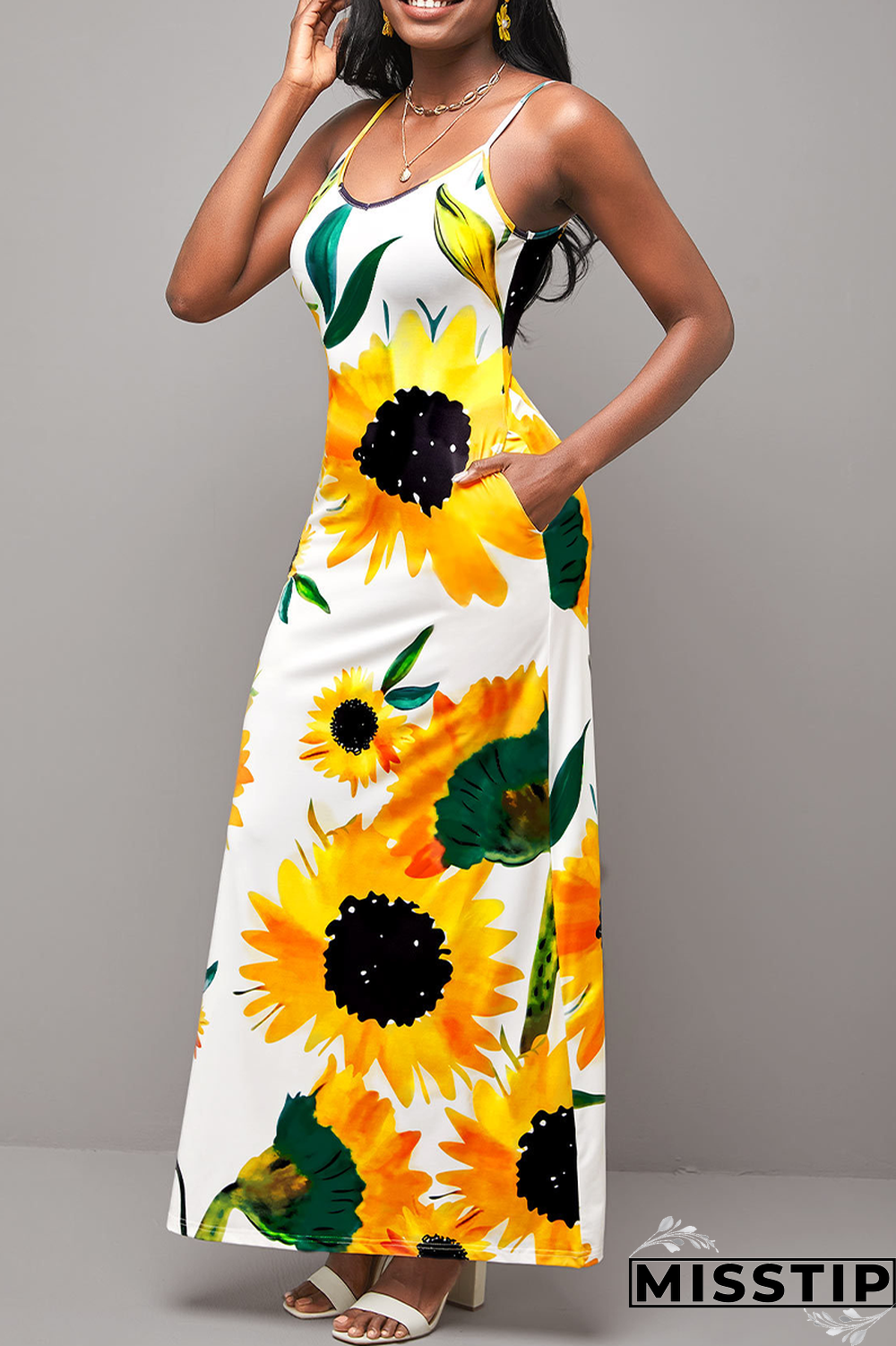 Black Fashion Print Patchwork Spaghetti Strap Straight Dresses