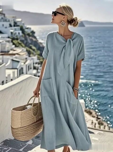 Women'S Solid Color Loose Cotton And Linen Pocket Dress