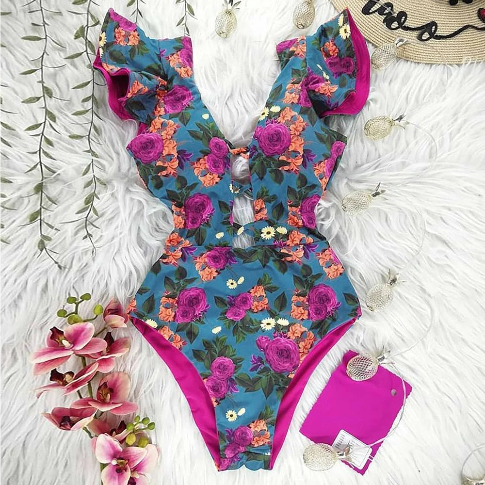 2022 New Sexy Ruffle Print Floral One Piece Swimsuit Off The Shoulder Swimwear Women Solid Deep-V Beachwear Bathing Suit Monkini