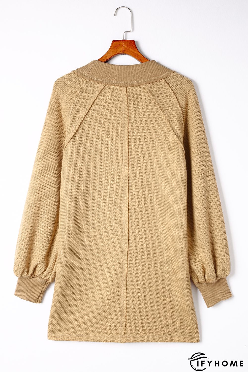 Khaki Waffle Knit Patchwork Oversized Pullover Sweatshirt | IFYHOME