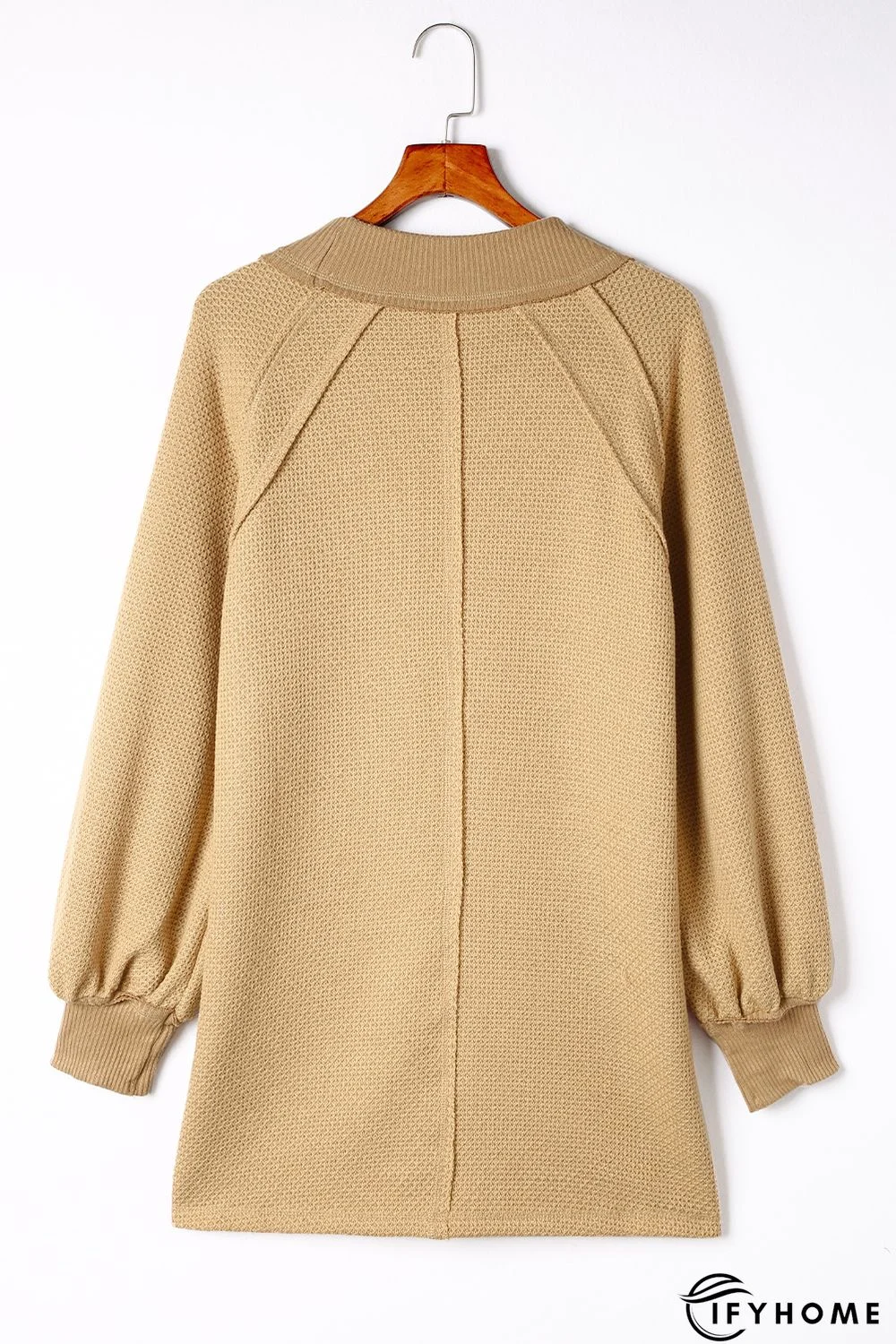 Khaki Waffle Knit Patchwork Oversized Pullover Sweatshirt | IFYHOME