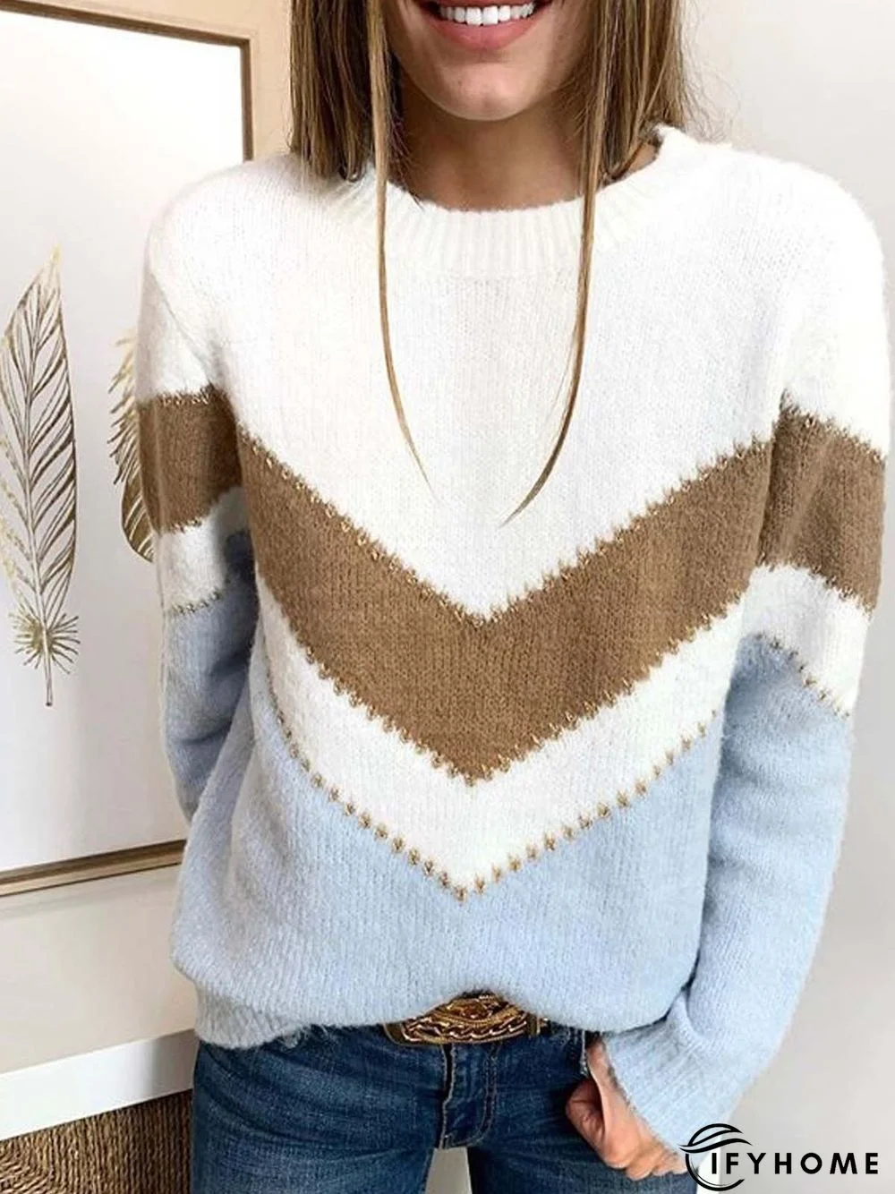 Women Geometric Casual Winter Long sleeve Crew Neck Cotton-Blend Sweater | IFYHOME