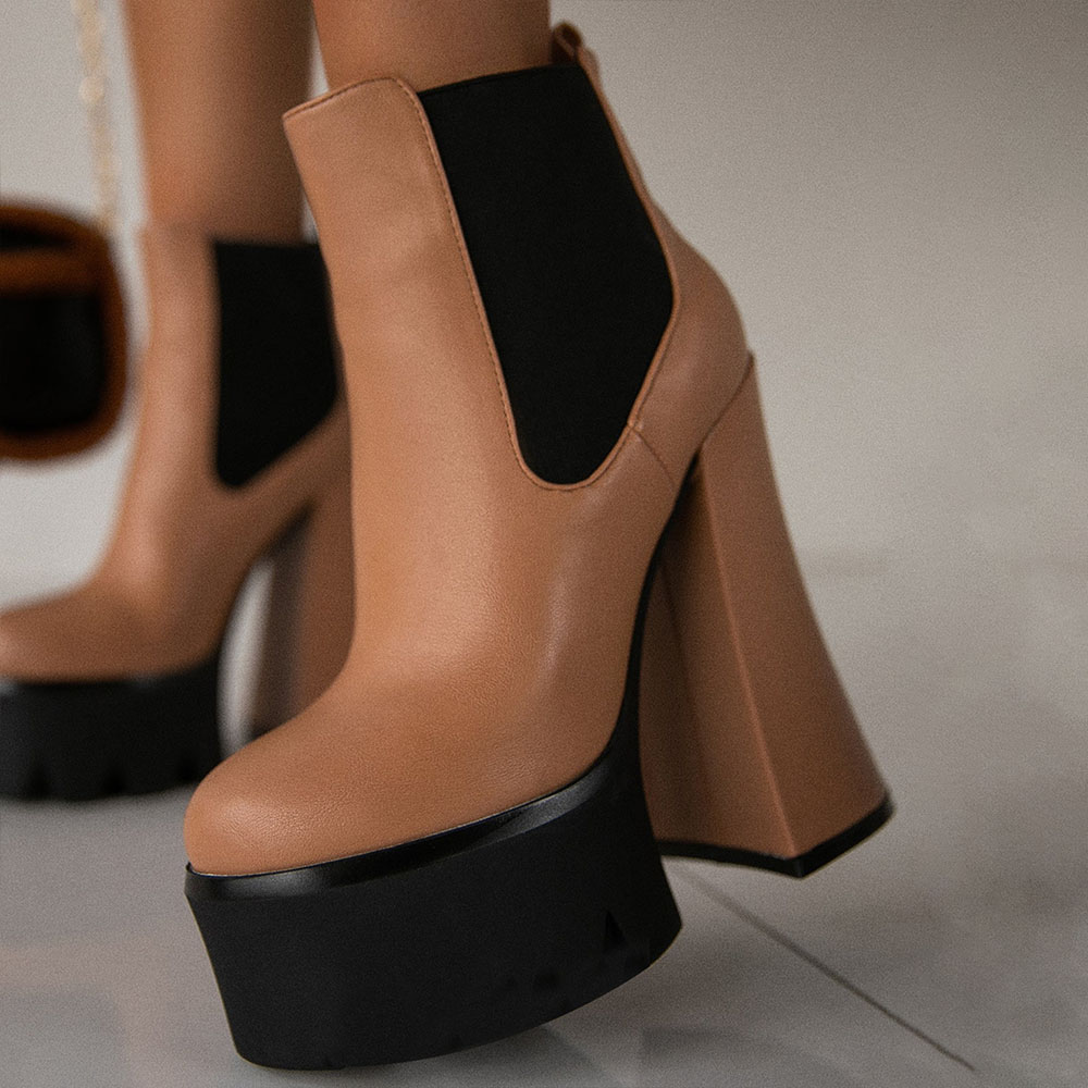 Round Toe Elastic Panel Chunky Heel Platform Booties in Light Brown Nicepairs