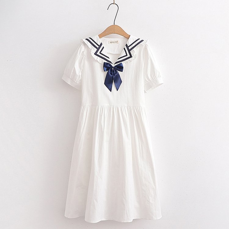 Bow Decor Sailor Collar Lace Up A-line Dress - Modakawa Modakawa