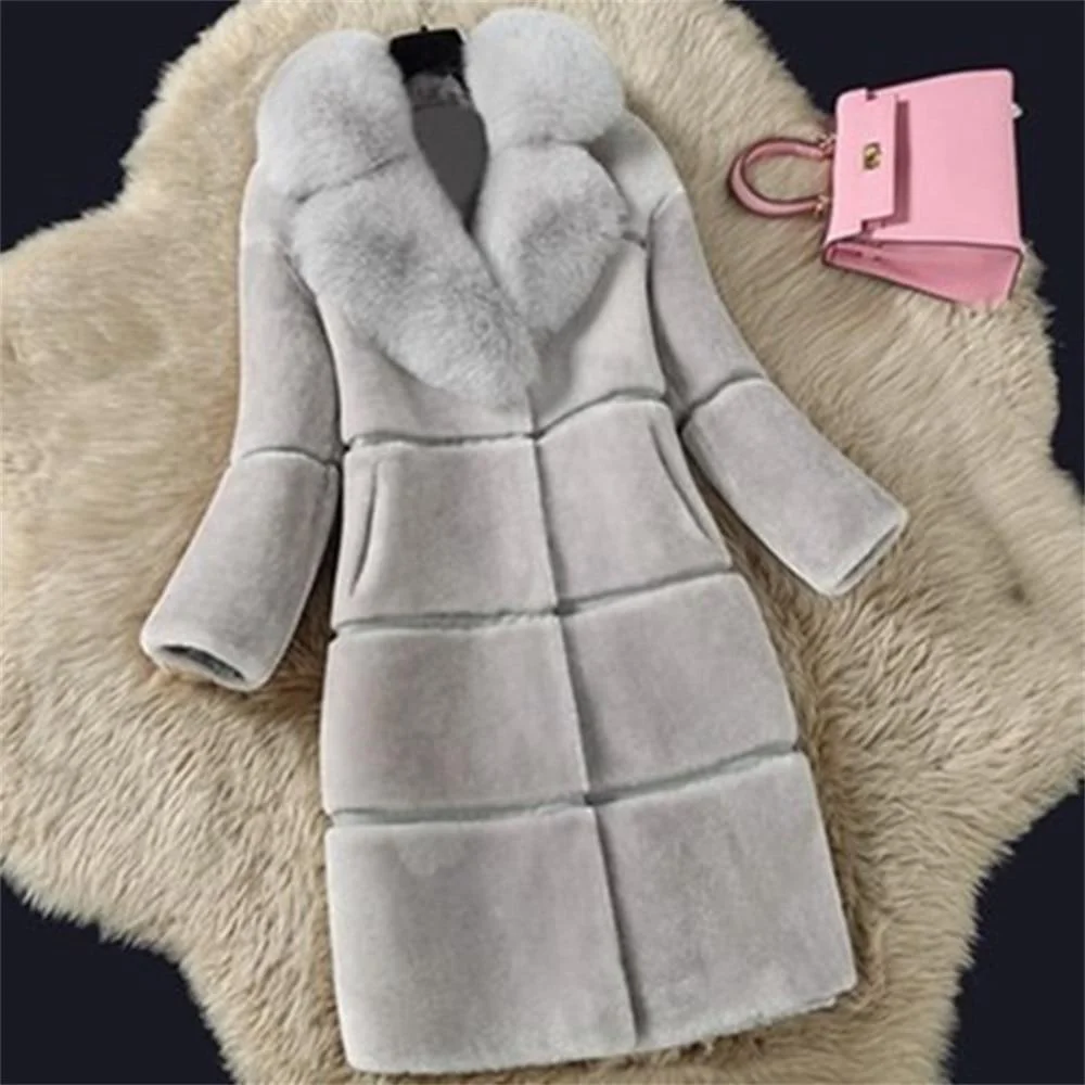 Faux Fur Coats Large Size 5XL Women Winter Fur Thick Long Jacket 2021 New Fashion Women Fake Fox Fur Collar Faux Fur Outerwear