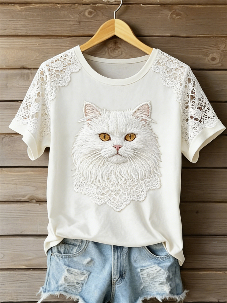 Lovely White Cat Lace Art T Shirt wearshes