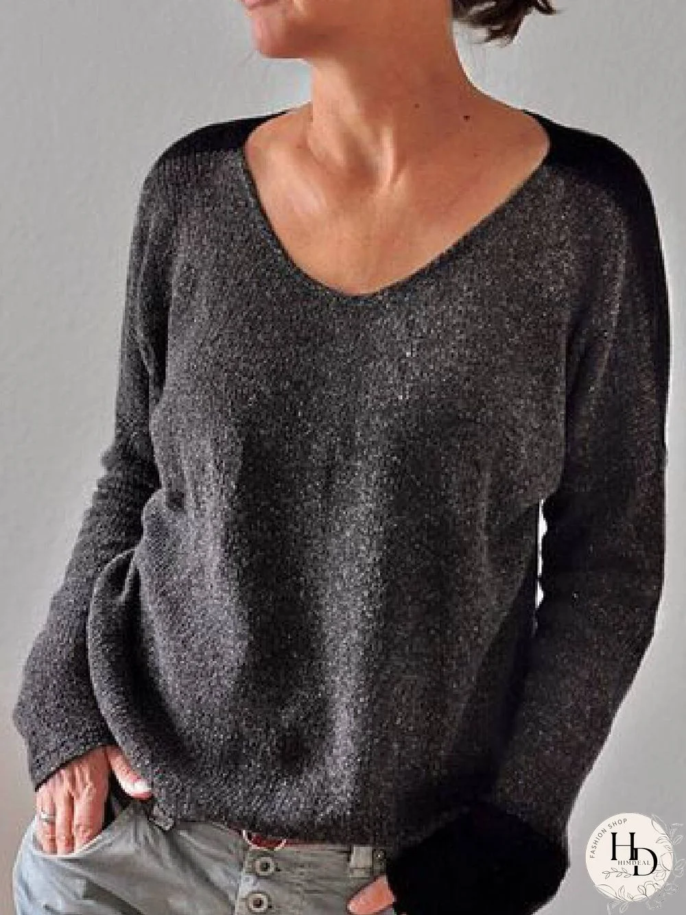 Black Casual V Neck Long Sleeve Sweater