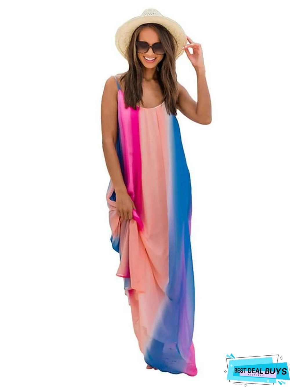 Women's Strap Dress Maxi Long Dress Sleeveless Rainbow Summer Elegant Rainbow