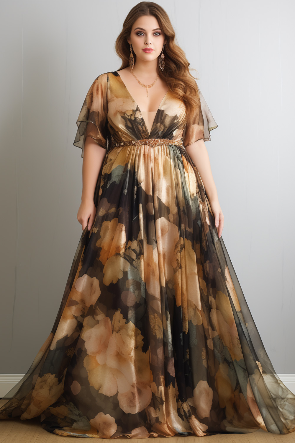 Flycurvy Plus Size Wedding Guest Apricot Chiffon Floral Print Flutter Sleeve Empire Waist Maxi Dress