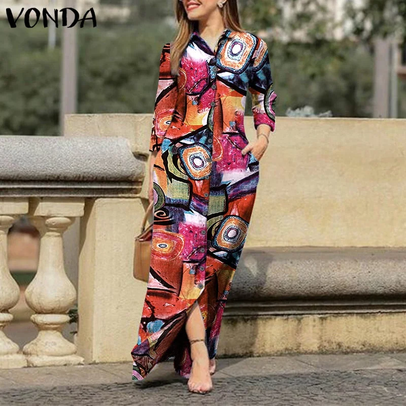 VONDA Women Long Sleeve Long Maxi Dress Summer Vintage Checked Plaid Turn Down Neck Shirt Dresses Button Up Party Vestidos Robe