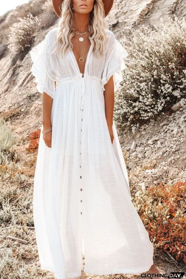 Fairy Air Fluttering V-neck Ruffle Sleeves Dress HH00035-WH-ONE-SIZE