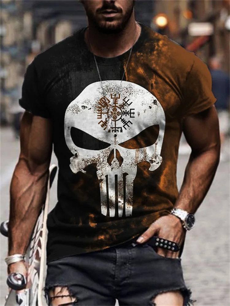 BrosWear Men's Viking Vegvisir Skull Bleeding Contrast Art T Shirt