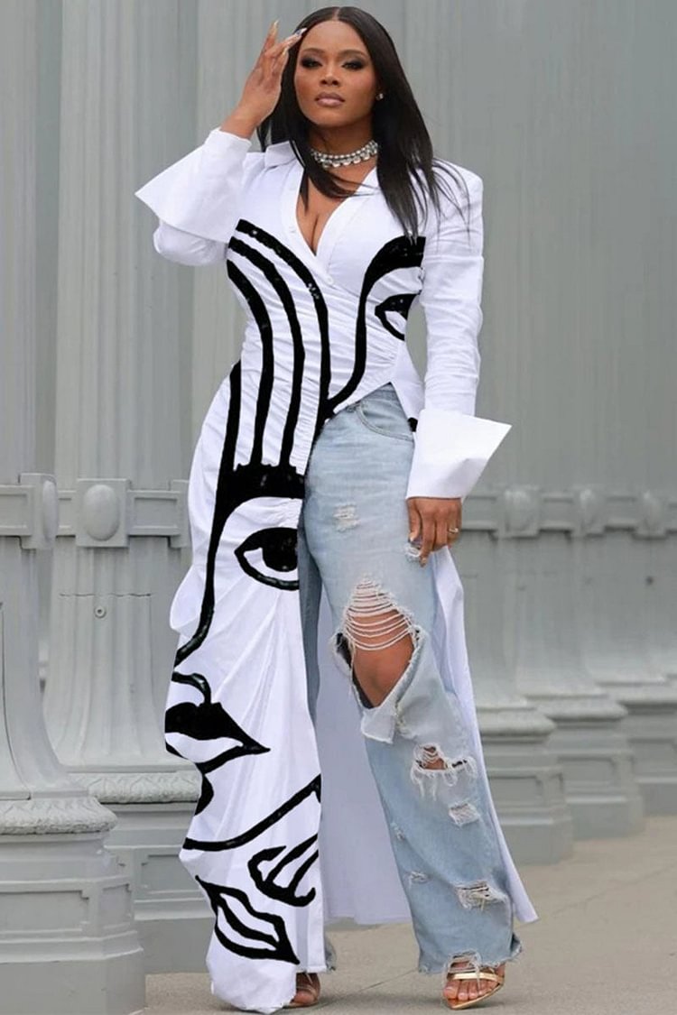 Abstract Face Print V Neck Ruched High Slit Maxi Dresses [Pre Order]