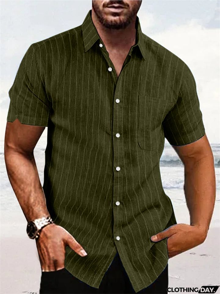 Summer Vertical Stripe Short Sleeve Button Down Linen Shirt for Men