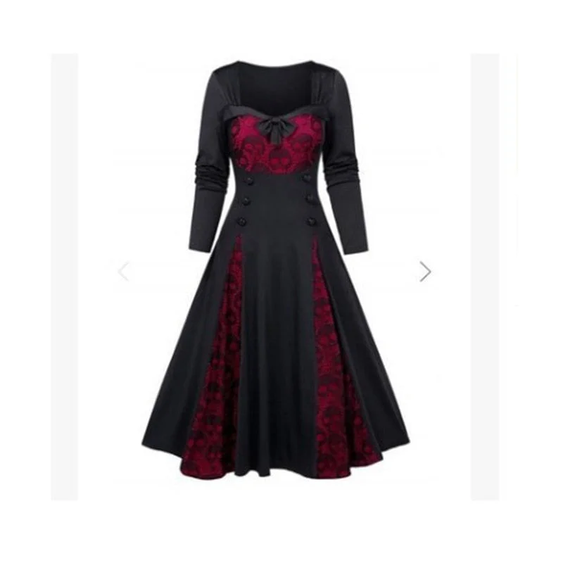 Women Plus-Size Cosplay Halloween Solid Color Skull Lace Dress Halloween Costumes Splicing Long Sleeve Vintage Party Dress