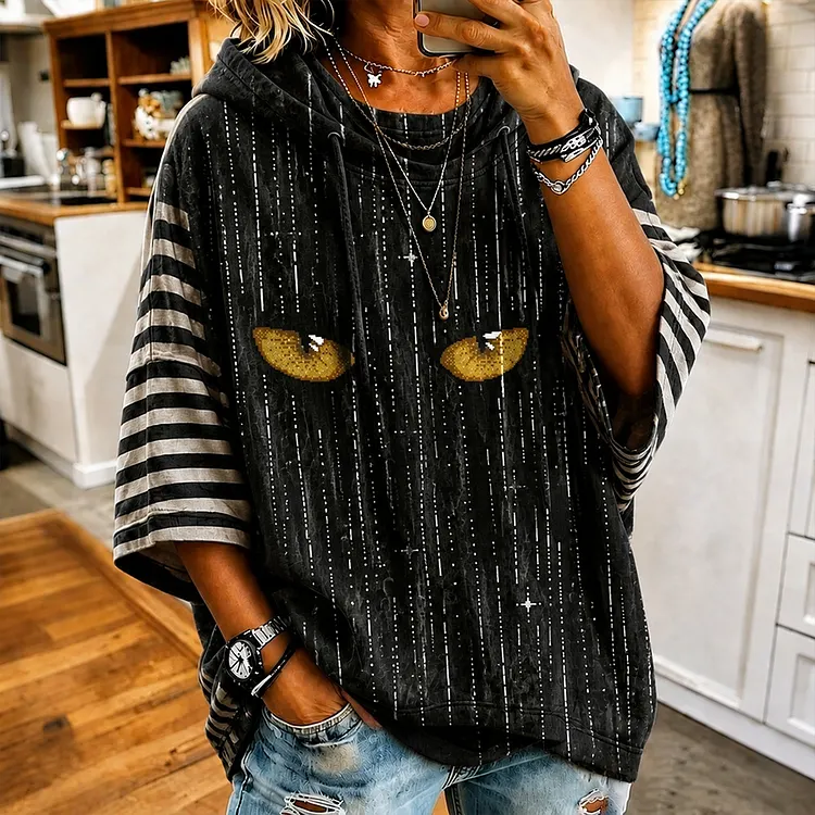 Halloween Evil Cat Art Line Print Casual Cotton And Linen Hoodie