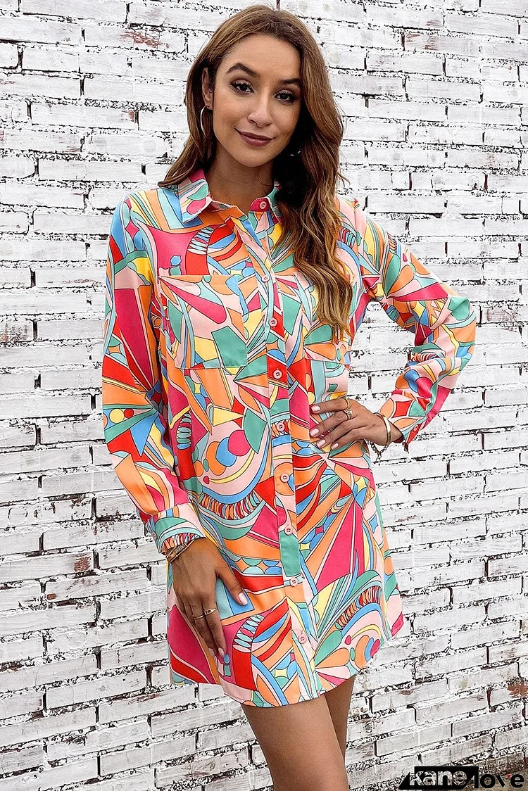 Multicolored Long Sleeve Shirt Dress