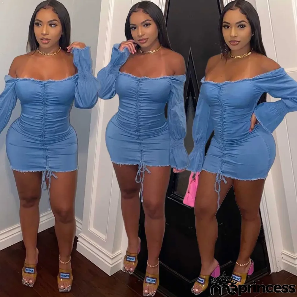 Women's Solid Blue Denim Off Shoulder Flared Sleeve Denim Dress