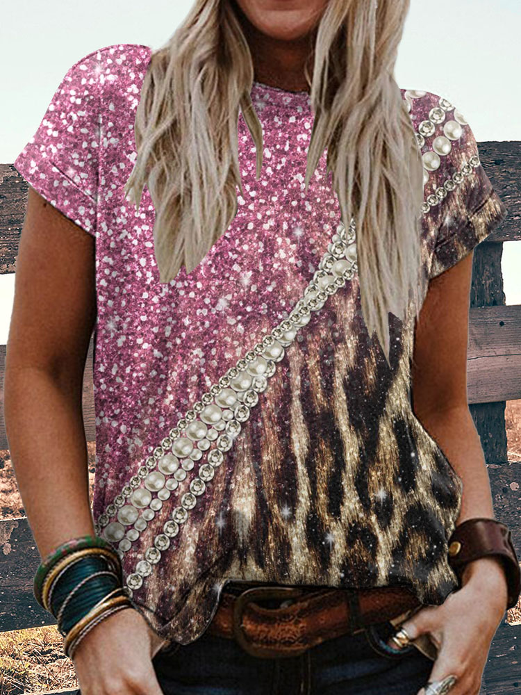  Vintage Leopard Pink Sequin Pattern Cozy T-Shirt Westsshops