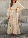 Simple Solid Color Belly-Hollow Long Sleeve A-Line Midi Dress
