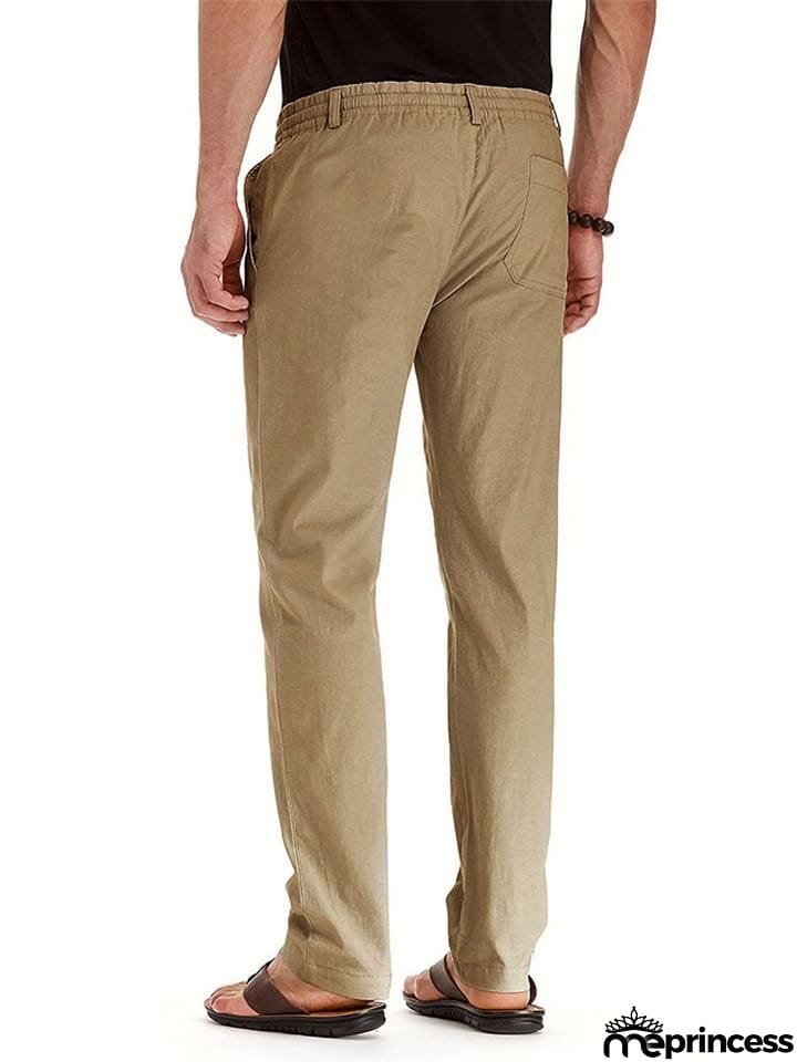 Men's Elastic Drawstring Waistband Casual Straight Cotton Pants