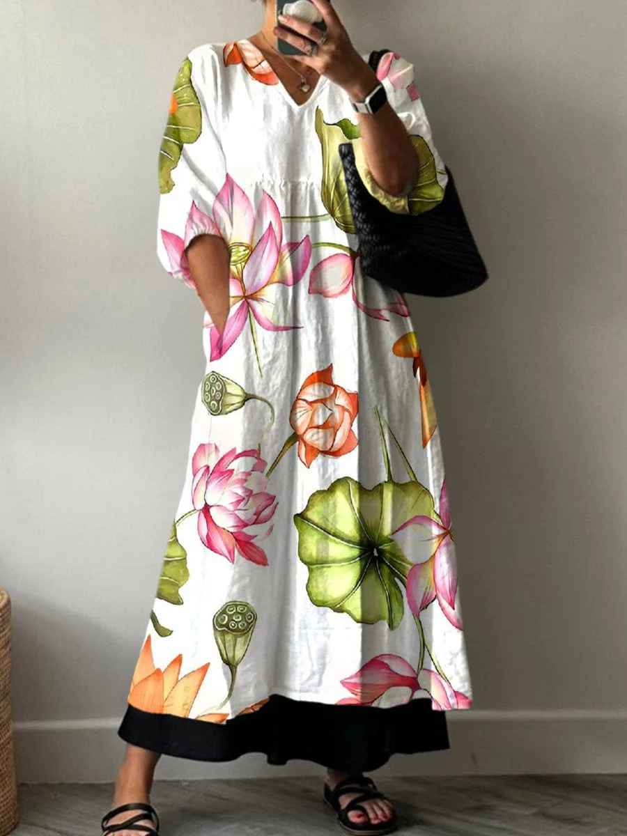 Women's Retro Floral Print Pocket V-neck Cotton Dress