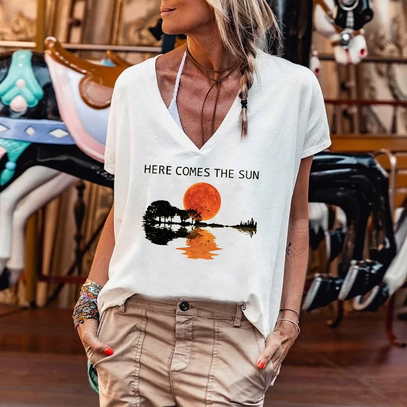 Here Comes The Sun, Surprising Guitar Shadow Print, Women T-shirt