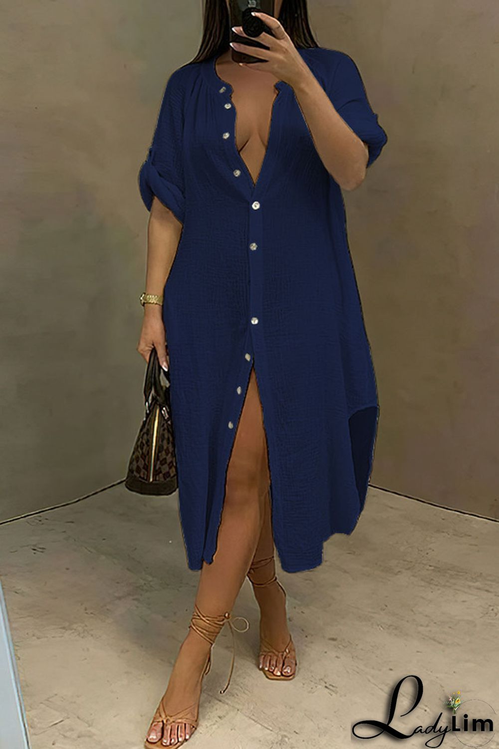 White Casual Solid Split Joint Buckle Asymmetrical Shirt Dress Dresses