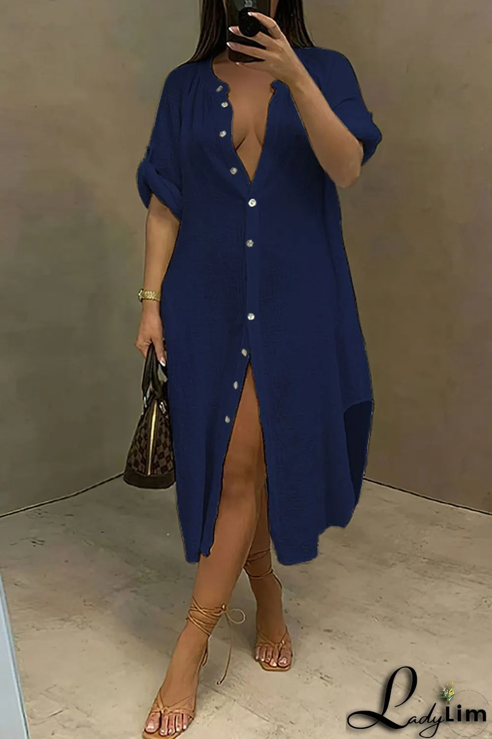 White Casual Solid Split Joint Buckle Asymmetrical Shirt Dress Dresses