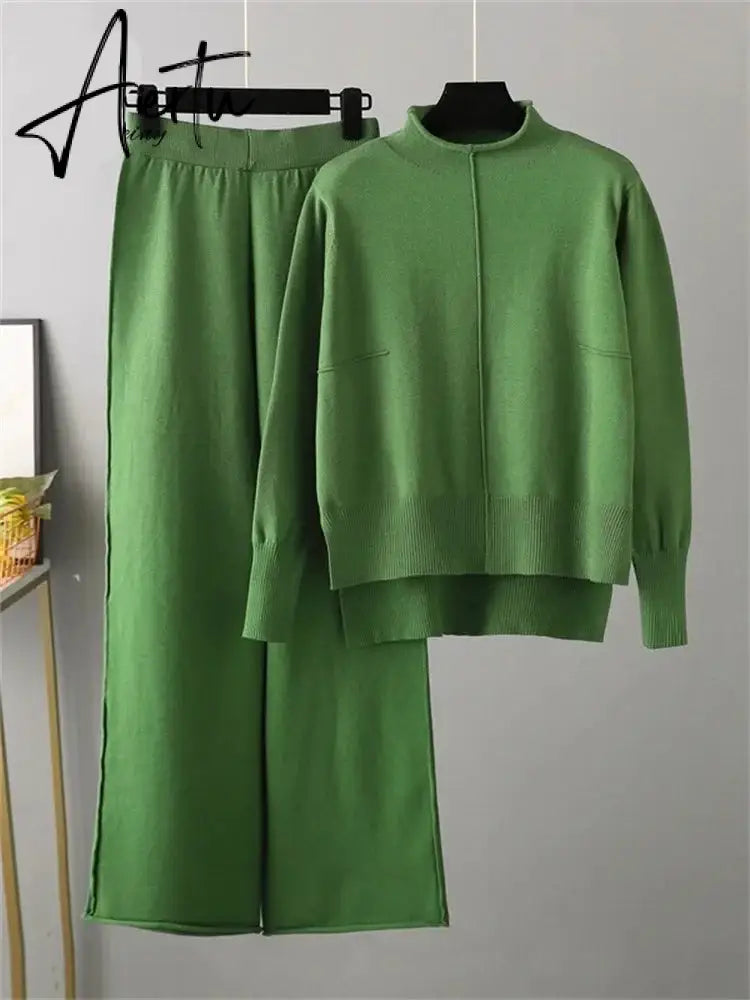 Aiertu Winter Female Knitted Two Pieces Suits Solid  Sweater Top+ Wide Leg Long Pants Sets Women Loose Warm Sweater Suits Aiertu