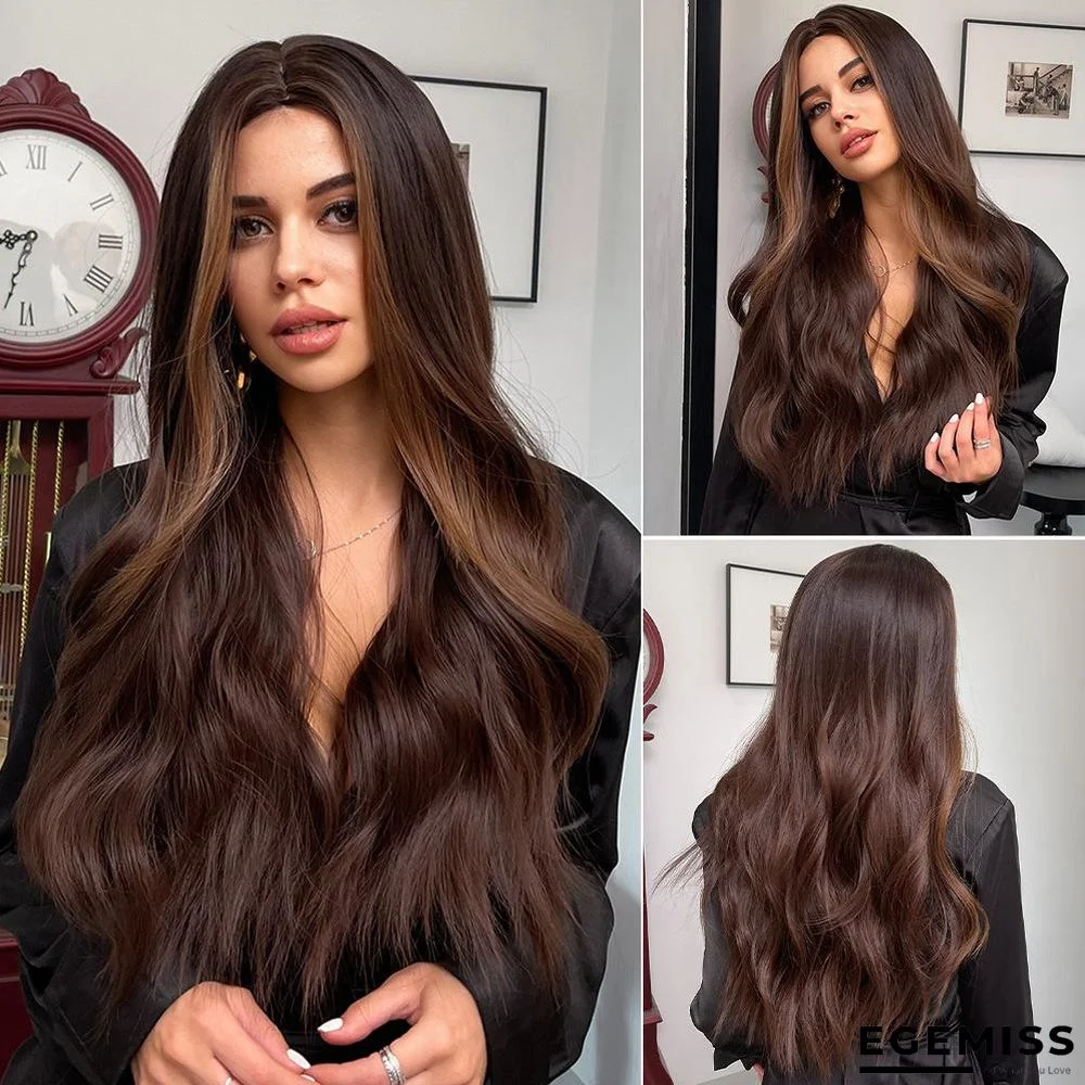 Long  Wavy Synthetic Wigs Ombre Brown Middle Part for Women | EGEMISS