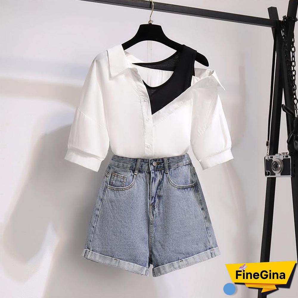 Fashion Off Shoulder Blouse+Denim Shorts P11605