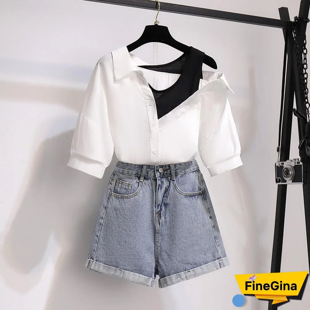 Fashion Off Shoulder Blouse+Denim Shorts P11605