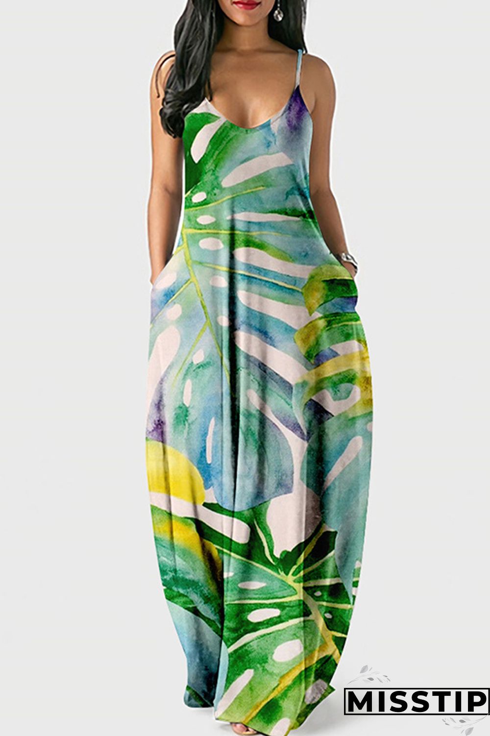 Cyan Green Sexy Casual Print Backless Spaghetti Strap Long Dress Dresses