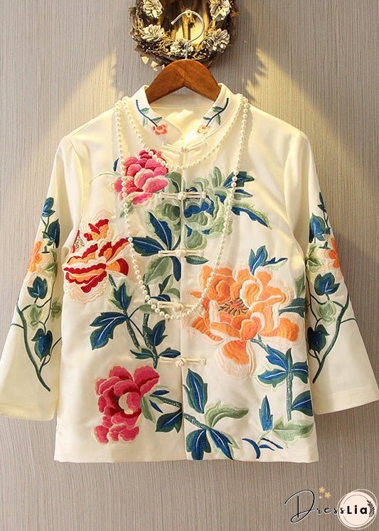 White Stand Collar Button Coats Long Sleeve