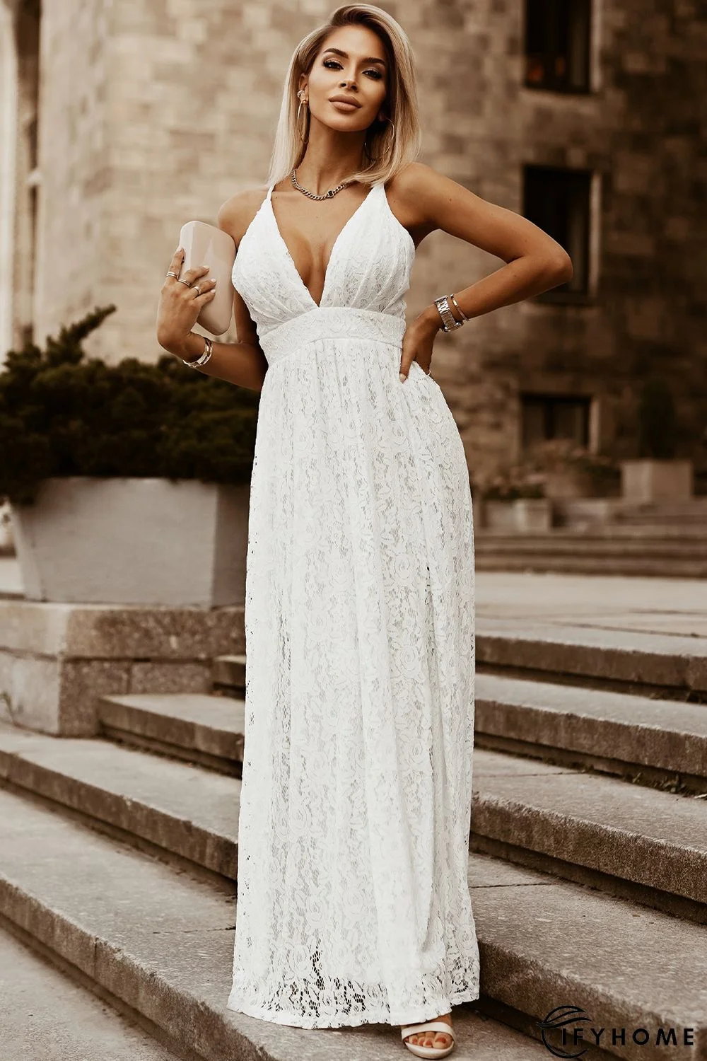 White Floral Lace Open Back Maxi Party Dress | IFYHOME