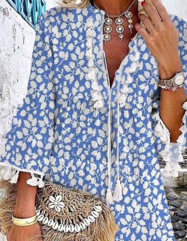 Chic Blue Printed V-Neck Loose Tassel Dress--vocosishoes