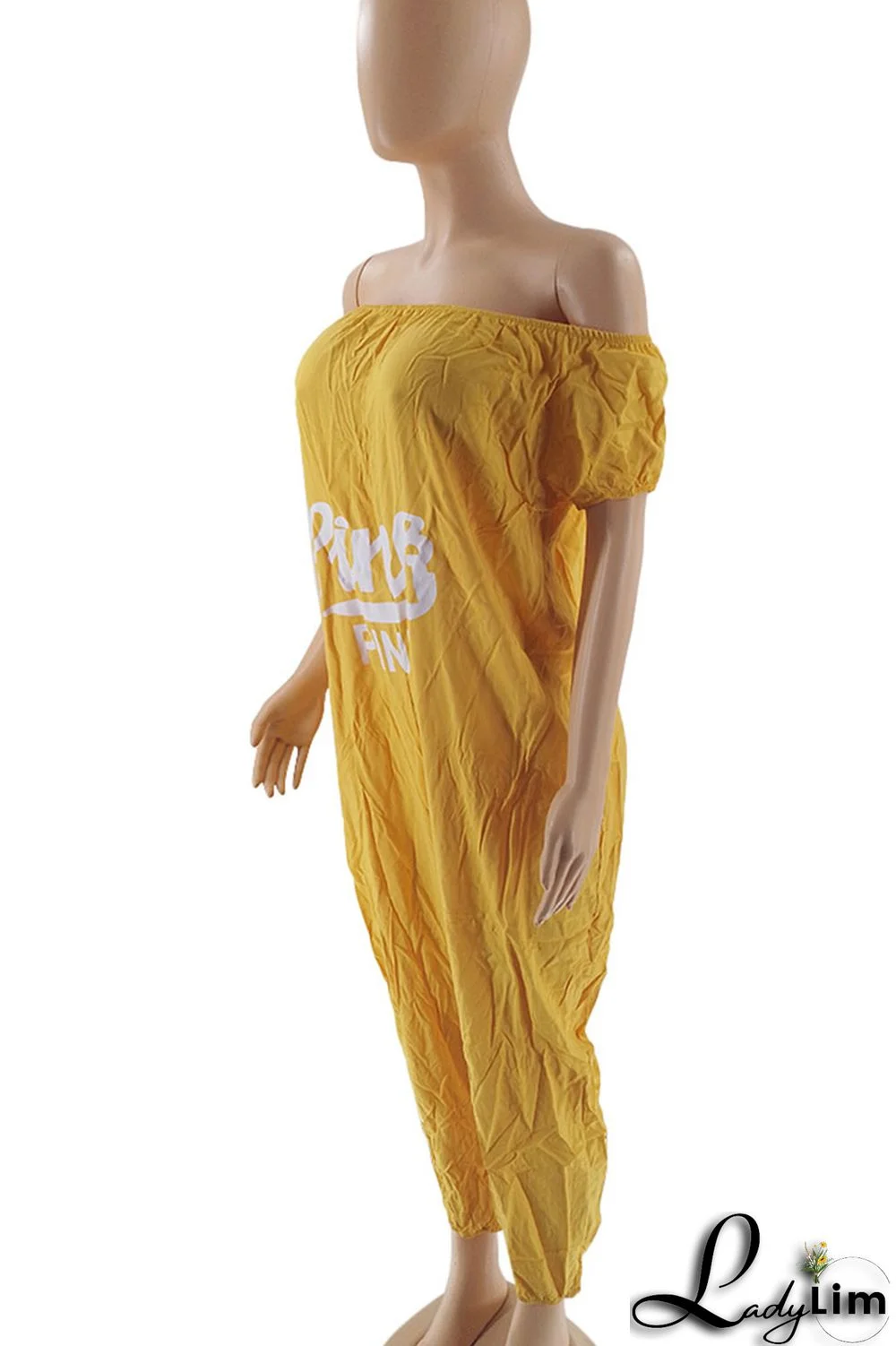 Yellow Casual Print Patchwork Off the Shoulder Loose Jumpsuits